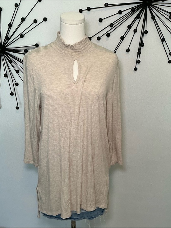 cha cha vente Tops - Cha Cha Vente Beige Ribbed Mock Neck Keyhole Tunic Top Size Large